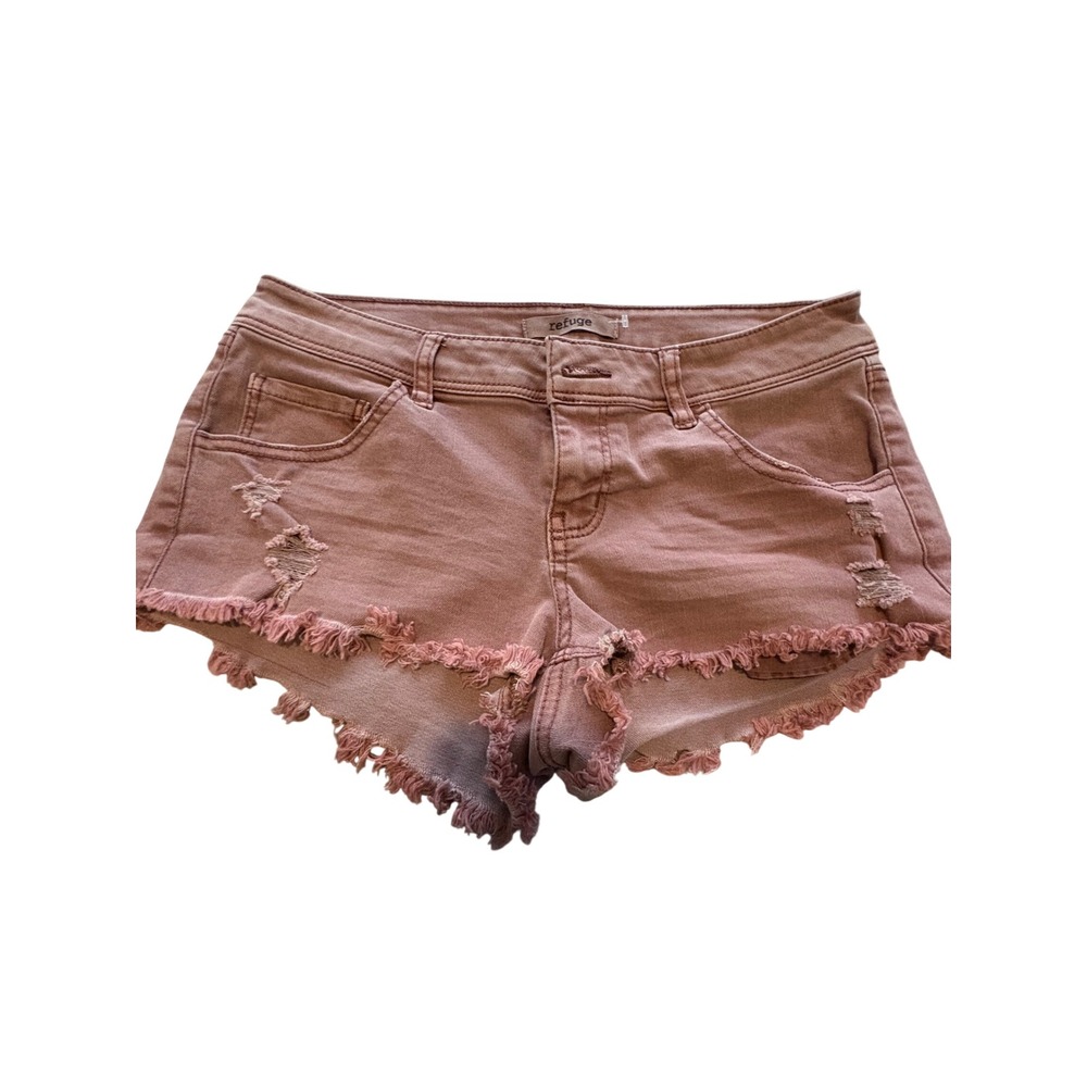 (A4) Refuge Women's 2 Distressed Frayed Hem Denim Cutoff Shorts Dusty Rose Mauve